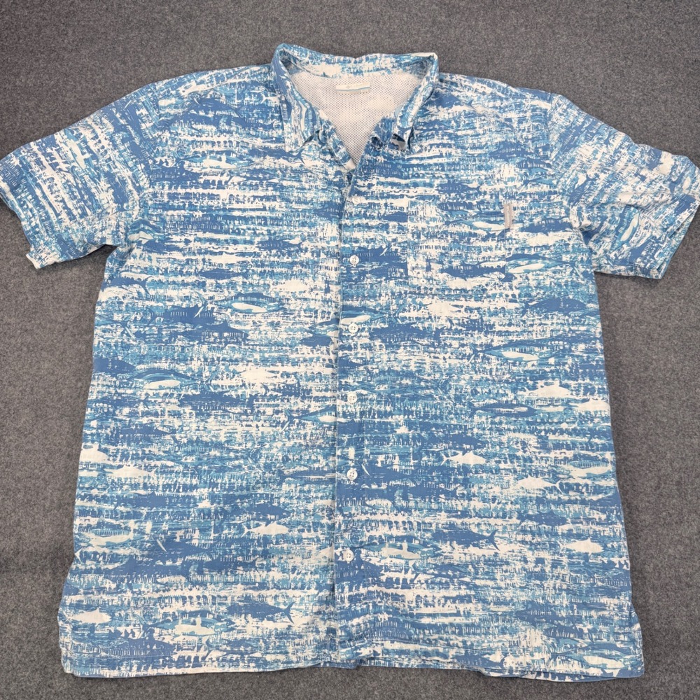 Columbia PFG Mens XL Shark Print Short Sleeve Fishing Shirt Blue FM7011